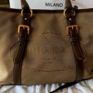 PRADA Beige/Brown Logo Jacquard Canvas Handbag